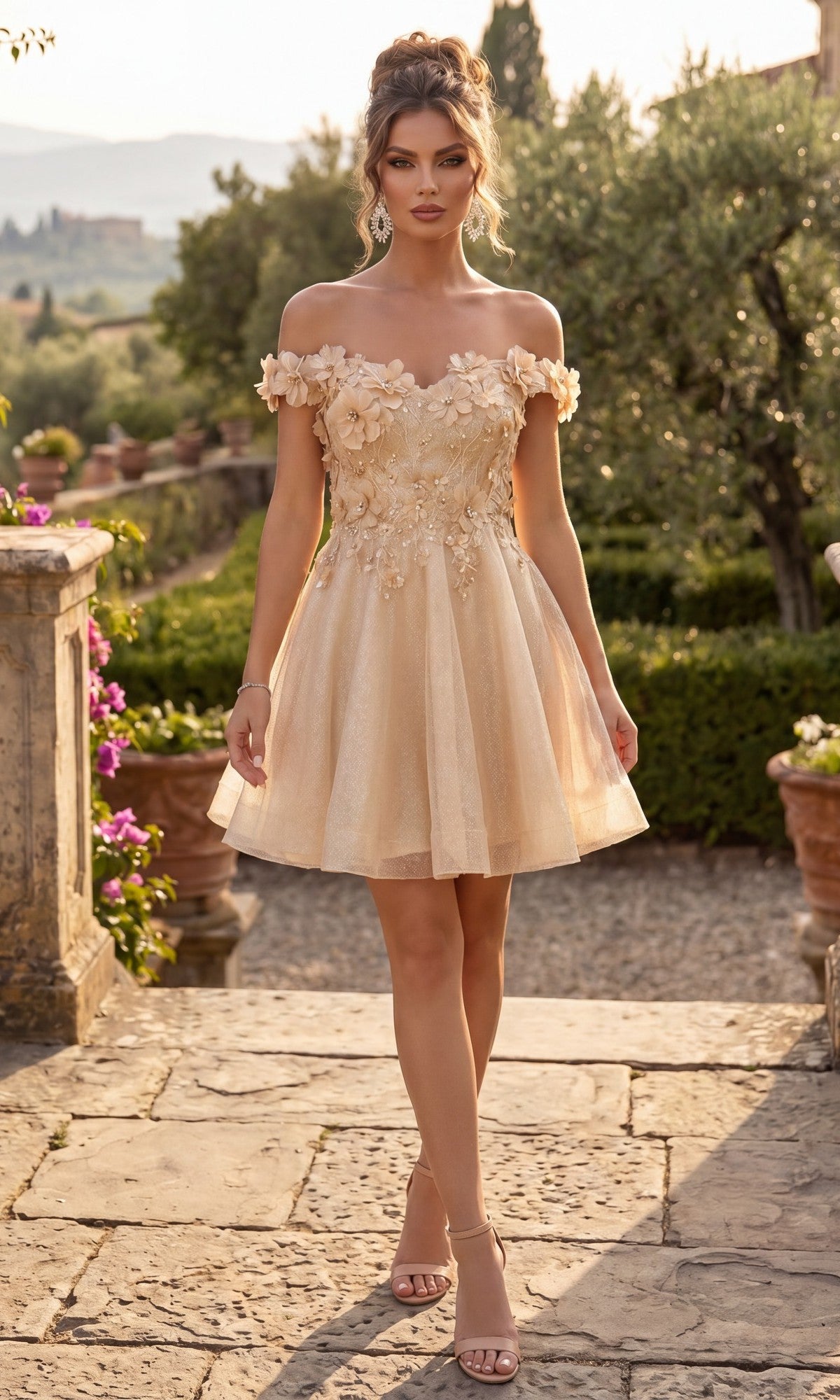 A woman stands outdoors on a stone pathway, surrounded by greenery and potted plants, wearing the Chicas C312 short homecoming dress in champagne gold—a fit-and-flare, off-shoulder style adorned with delicate 3D floral appliques.